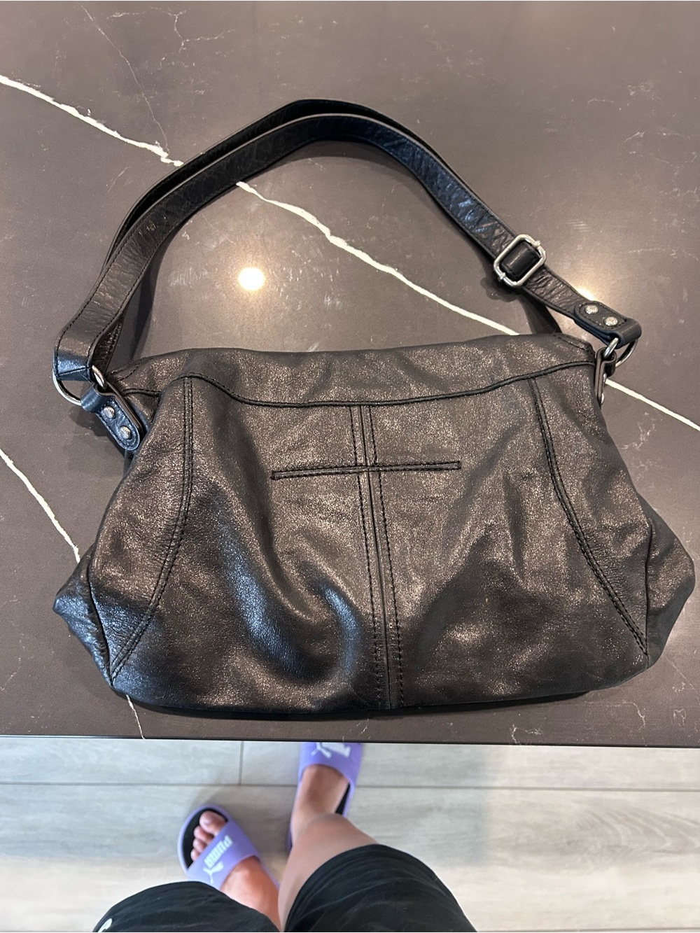 The Sak Metallic Black Leather Shoulder Bag Hobo Purse Boho Slouchy Handbag